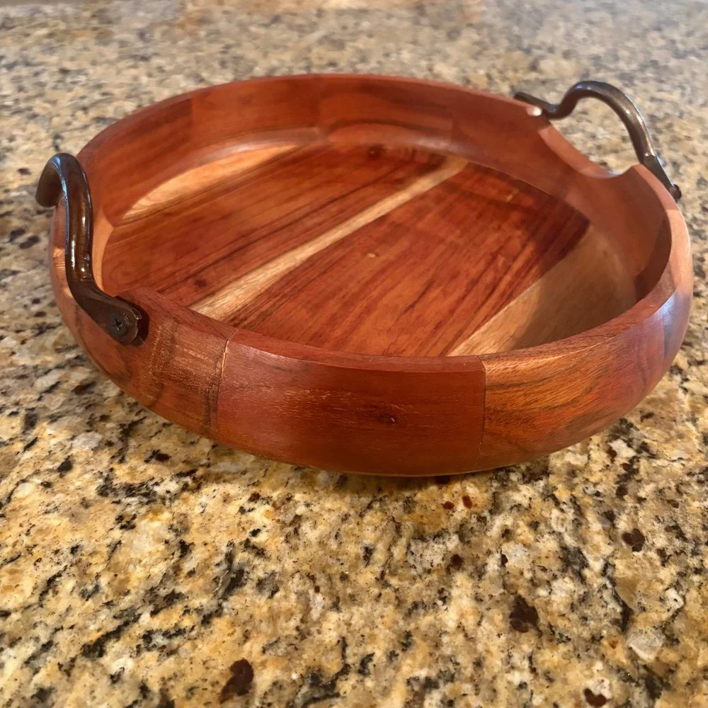 VTG Acacia Wood Serving‎ Tray Bronze Metal Handles Rustic Farmhouse Centerpiece